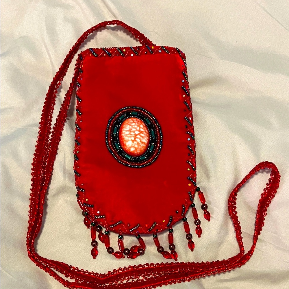 Red Beaded velvet Women's crossbody shoulder bag